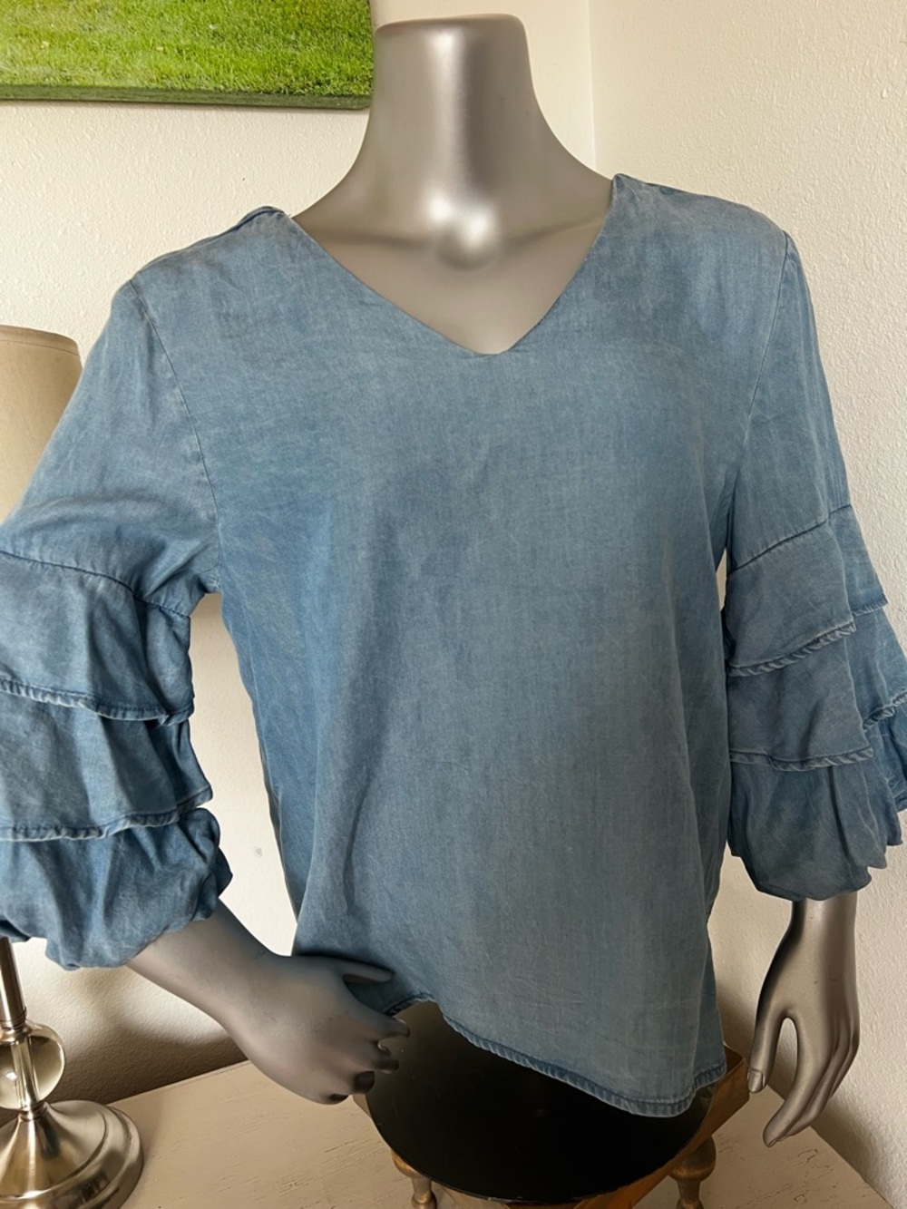 Velvet Heart chambray tencil blouse top flounce sleeves sz Med